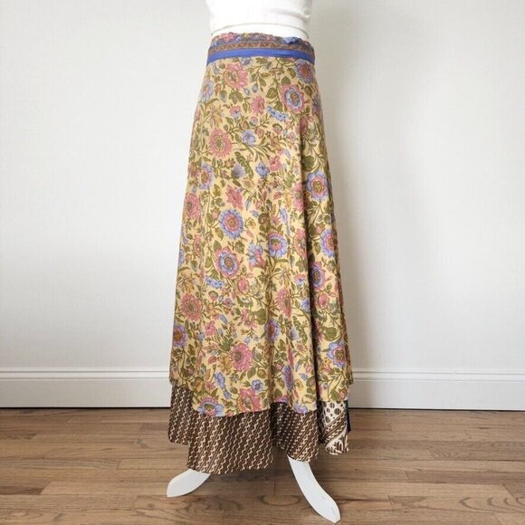 Vtg Silk Wrap Maxi Skirt Reversible Floral Yellow Multi India Sari Boho One Size - Picture 5 of 15